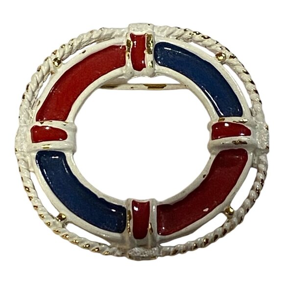 Vtg Nautical Life Preserver Beach Brooch Red White Blue Gold Tone Enamel Pin - Picture 4 of 11